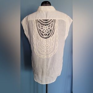 MAEVE by Anthropologie Women Blouse Top Sz Small Cap Sleeve Crochet White Linen
